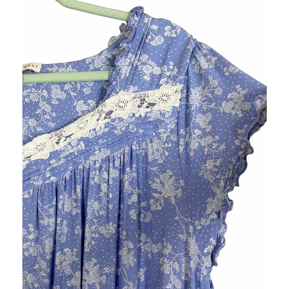 Eileen West Floral Waltz Nightgown Blue White 2X Pajama Sleep Dress Modal Blend
